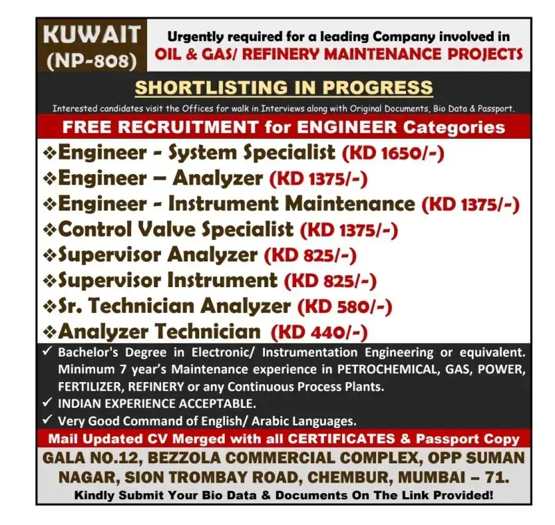 Urgent Recruitment for Oil & Gas/Refinery Maintenance Projects in Kuwait