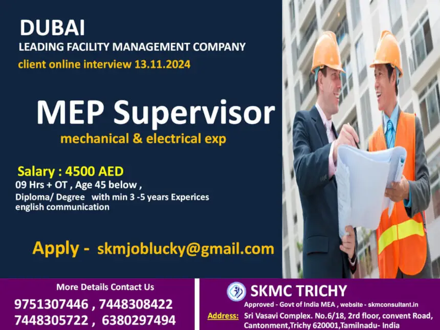 Leading Facility Management Company in Dubai is Hiring: MEP Supervisor Position Available