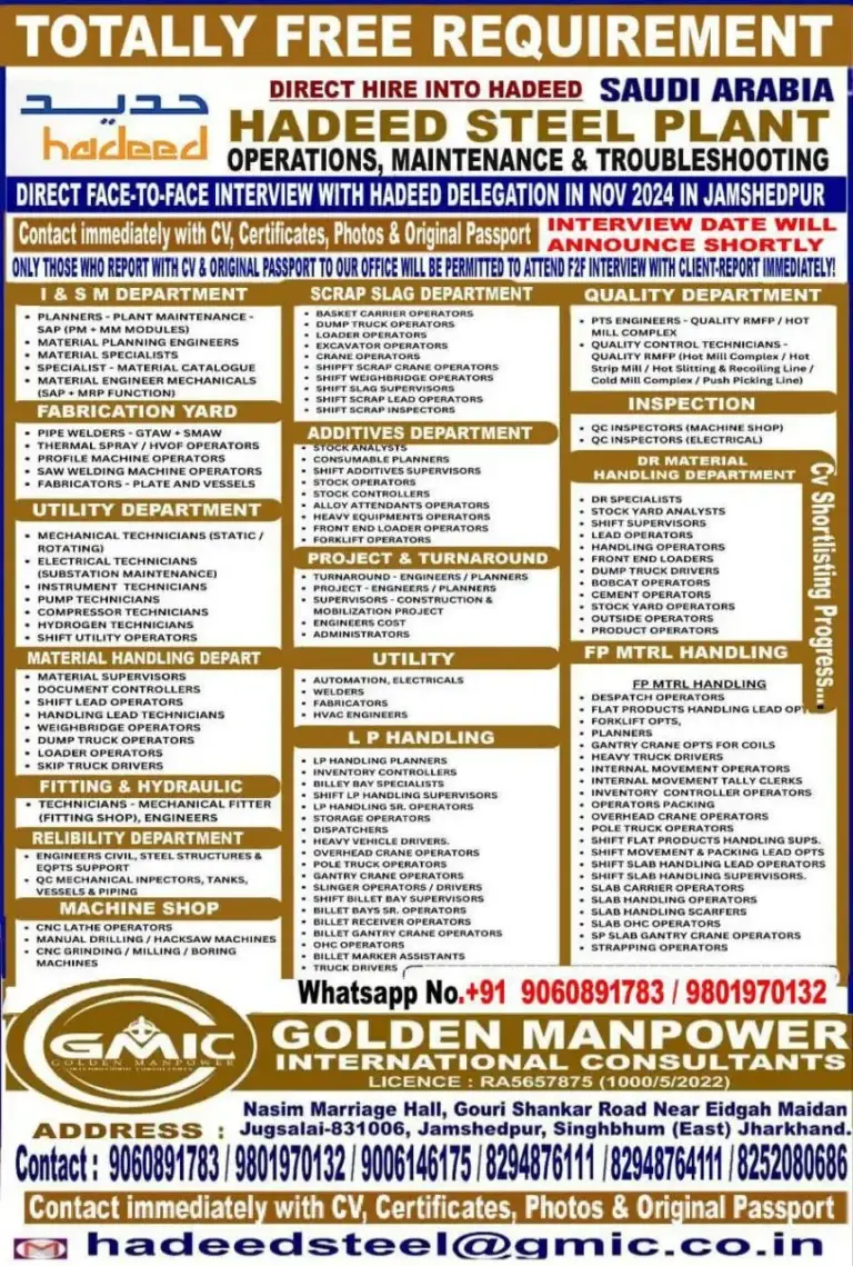 Direct Hire Hadeed Saudi Arabia | Free Jobs in Steel Plant