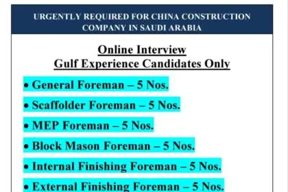 Urgently Required for China Construction Company in Saudi Arabia