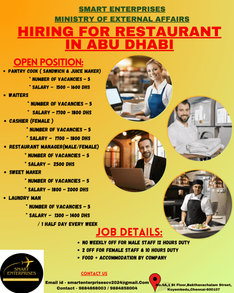 Smart Enterprises Ministry of External Affairs Hiring for Restaurant in Abu Dhabi