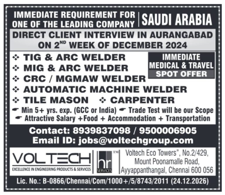 Immediate Requirement for Leading Company in Saudi Arabia: Direct Client Interview in Aurangabad