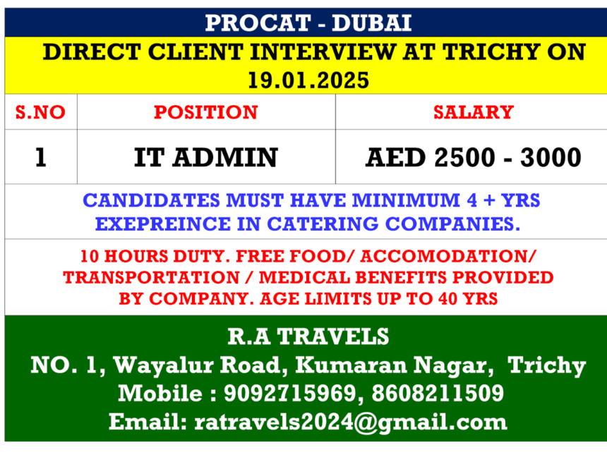 Jobs in Dubai: IT Admin Role – Direct Client Interview in Trichy on 19th January 2025