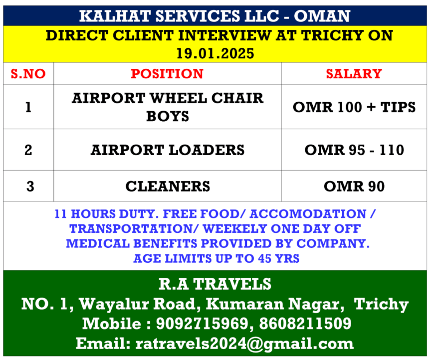 Jobs in Oman: Kalhat Services LLC Hiring Through Direct Interview in Trichy