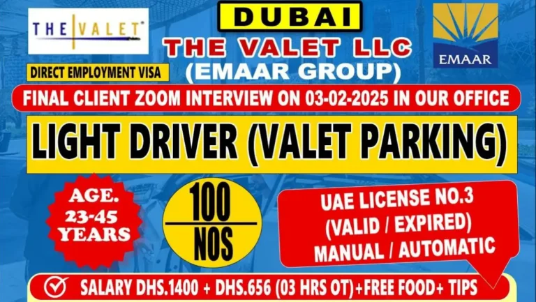 Job Opportunity for Light Driver (Valet Parking) in Dubai with Emaar Group