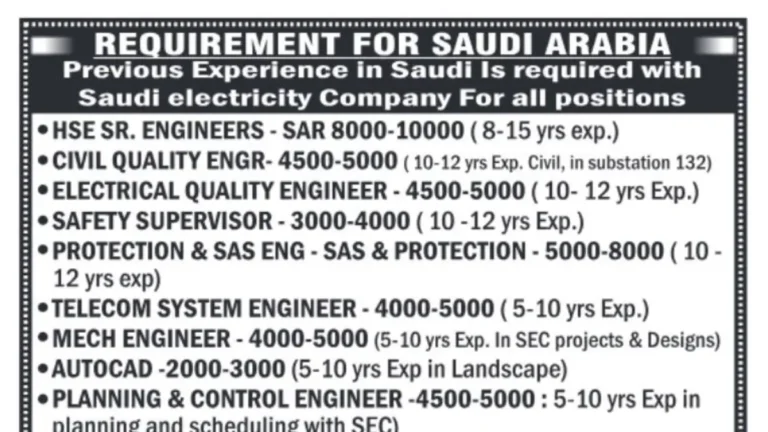Saudi Arabia: Key Positions Available with Saudi Electricity Company