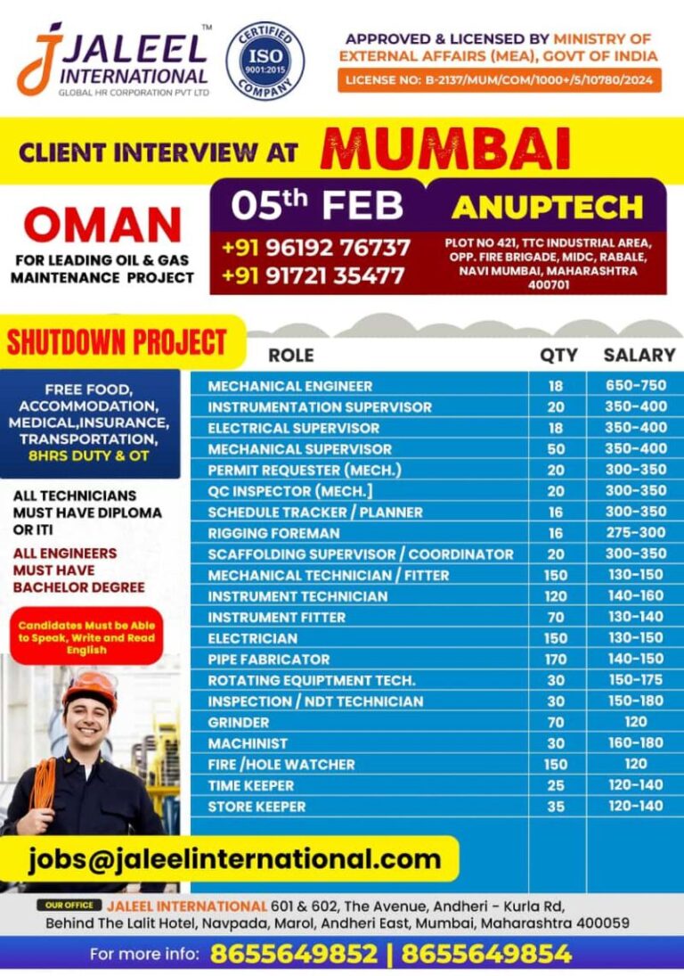 Job Opportunities in Oil & Gas Maintenance Project
