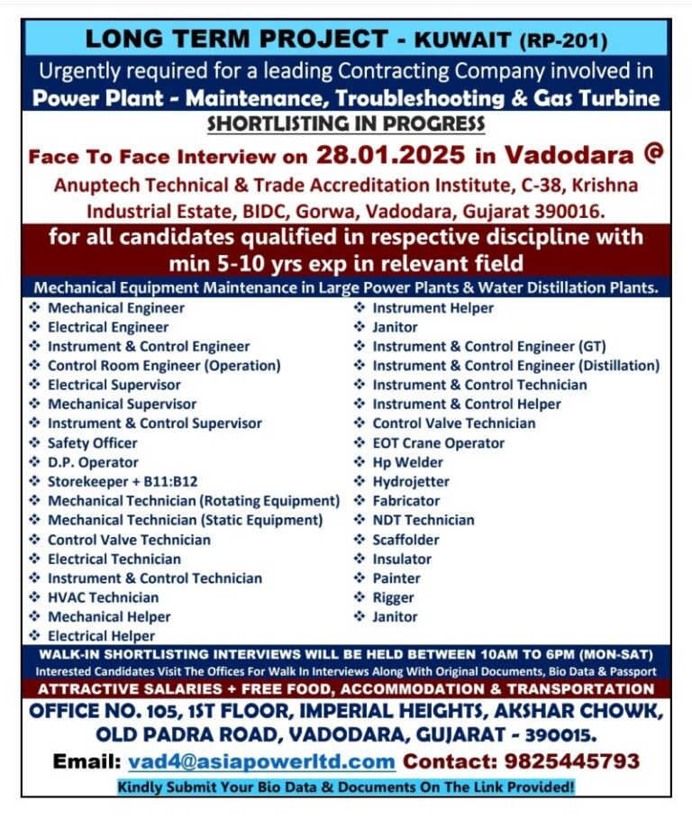 Urgent Job Openings in Kuwait for Power Plant Maintenance – Walk-In Interviews in Vadodara
