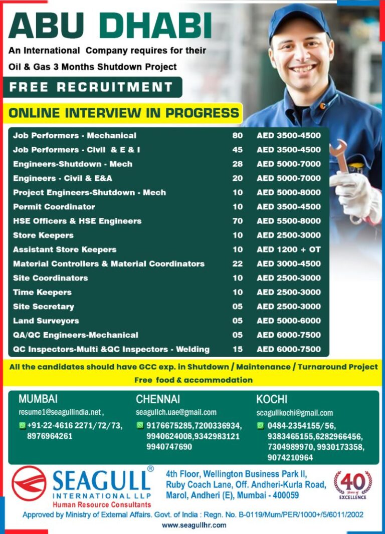 Job Opportunities for Oil & Gas Shutdown Project in Abu Dhabi – Free Recruitment