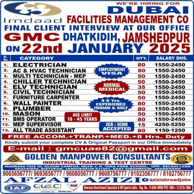 Job Opportunities for Dubai - Final Client Interview at GMC Dhatkidih, Jamshedpur