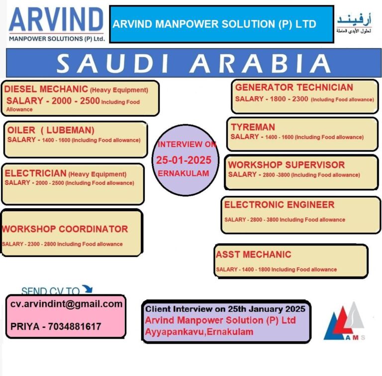 Arvind Manpower Solutions (P) Ltd – Recruitment for Saudi Arabia