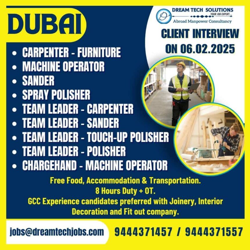 Jobs in Dubai: Skilled Carpenter and Machine Operator Roles