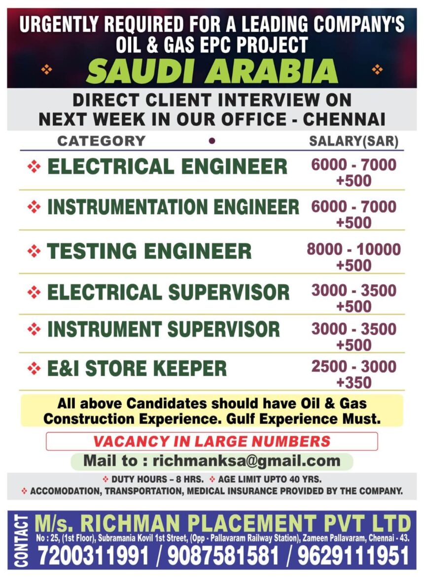 Urgent Hiring for Oil & Gas EPC Project in Saudi Arabia