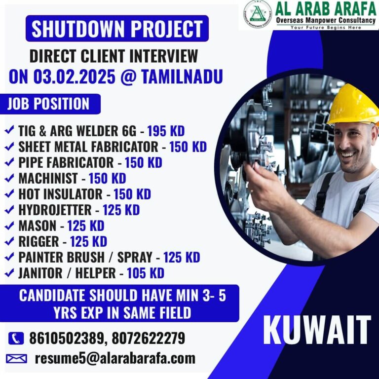 Shutdown Project Jobs in Kuwait – Direct Client Interview on 03.02.2025 in Tamil Nadu