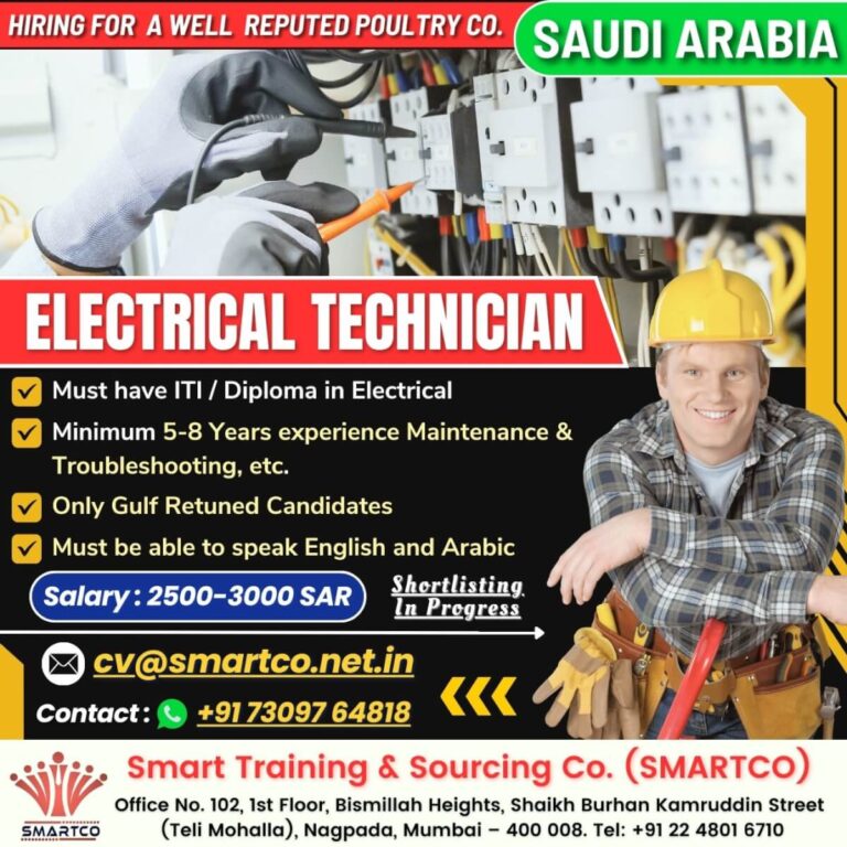 Job Opening: Electrical Technician for a Reputed Poultry Company in Saudi Arabia