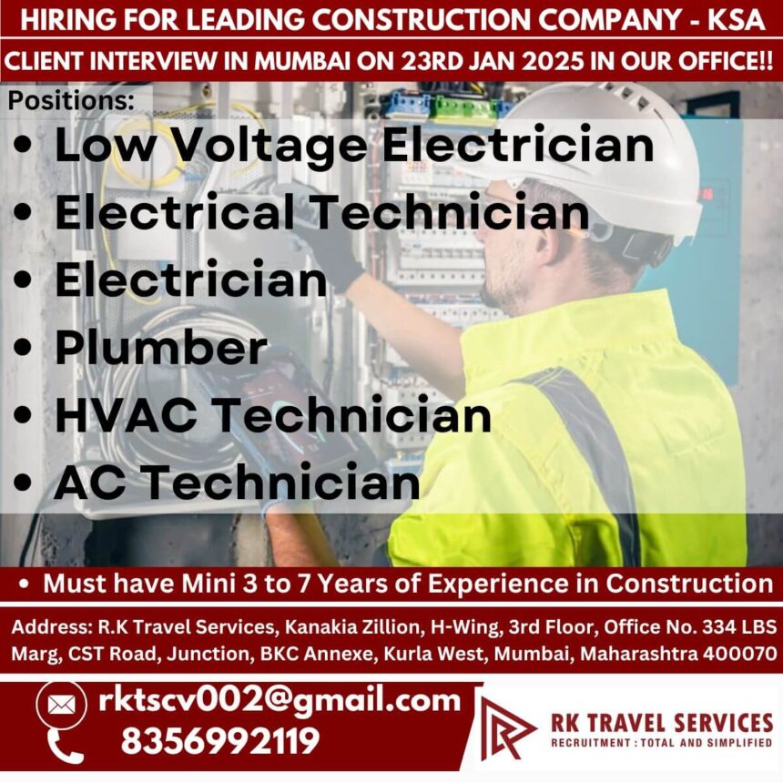 Hiring for Leading Construction Company in KSA