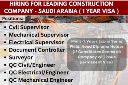 Hiring for Leading Construction Company in Saudi Arabia