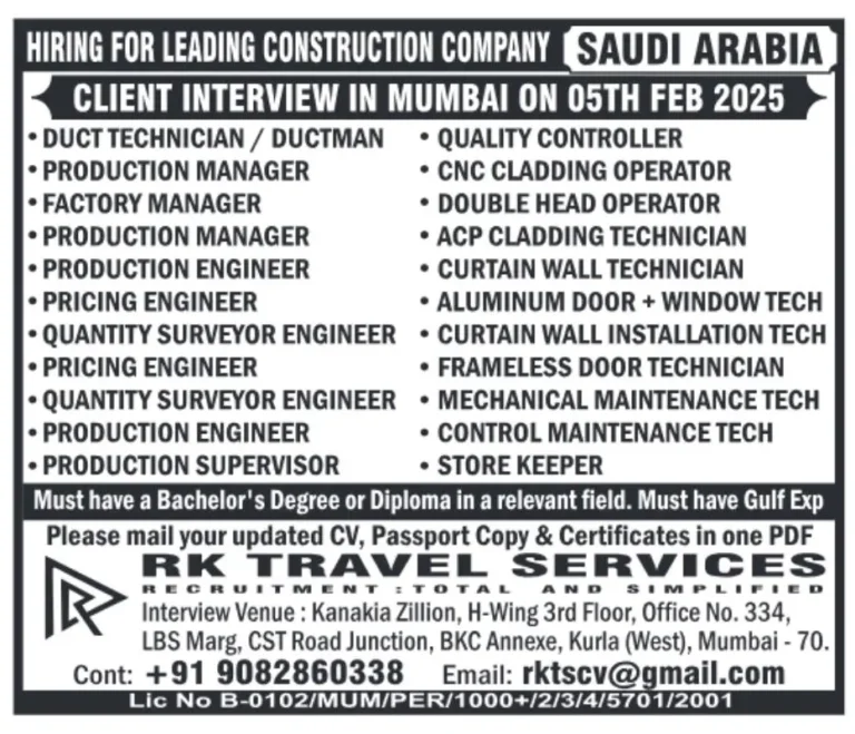 Hiring for Leading Construction Company in Saudi Arabia