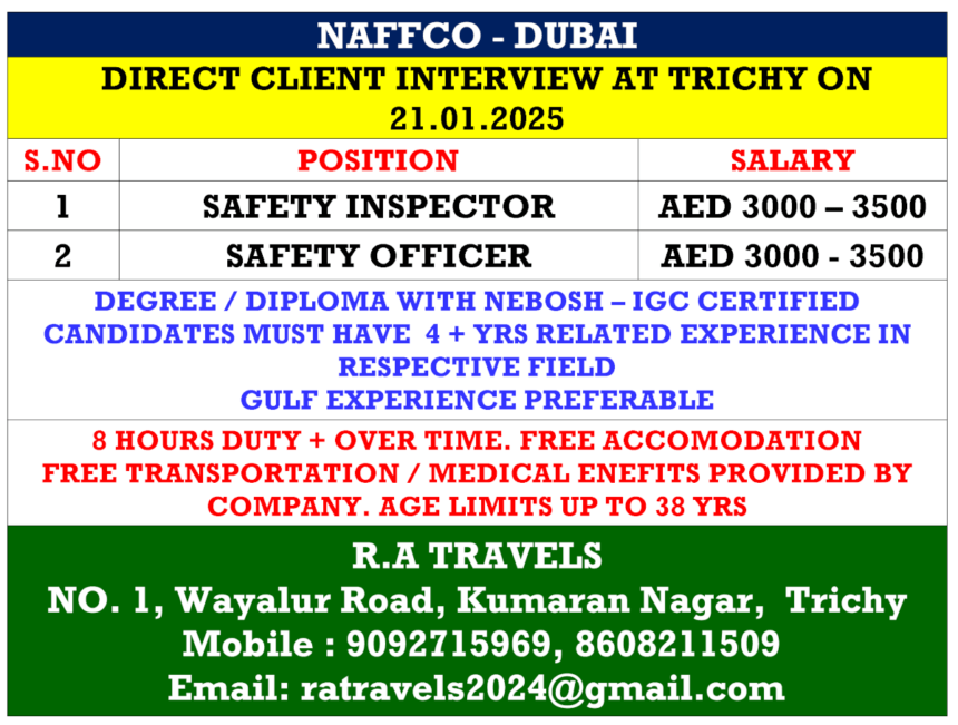 NAFFCO Dubai Recruitment: Direct Client Interview in Trichy on 21st January 2025