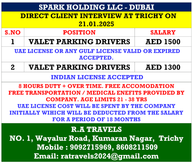 Direct Client Interview for Valet Parking Drivers in Dubai – Spark Holding LLC