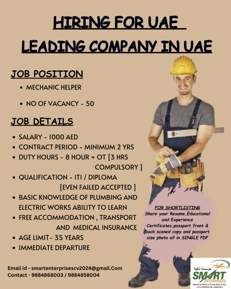 Jobs in UAE: Mechanic Helpers Needed for Leading Company