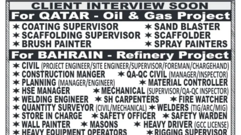 Urgent Hiring for Key Roles in CATAR-OH & Gas and BARRAIN Refinery Projects