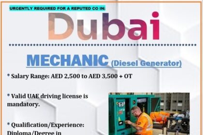 Urgently Hiring: Diesel Generator Mechanic for a Reputed Company in Dubai