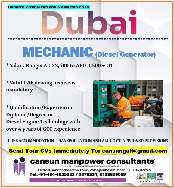 Urgently Hiring: Diesel Generator Mechanic for a Reputed Company in Dubai