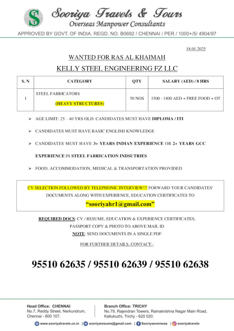 Recruitment Alert: Job Openings in Ras Al Khaimah at Kelly Steel Engineering FZ LLC