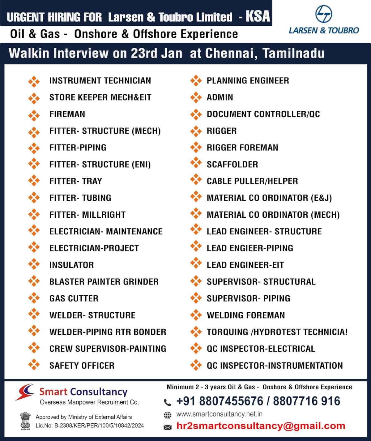 Larsen & Toubro Urgent KSA Oil Hiring