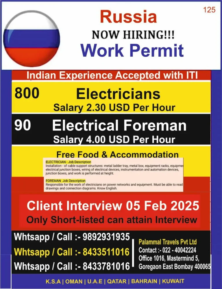 Now Hiring Electricians in Russia