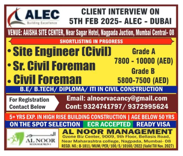 ALEC Announces Client Interview for Construction Roles in Dubai
