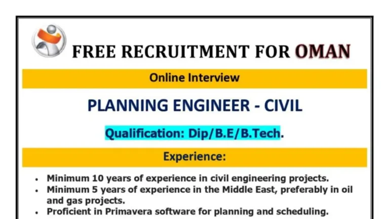 Free Recruitment for Oman: Planning Engineer-Civil Opportunity