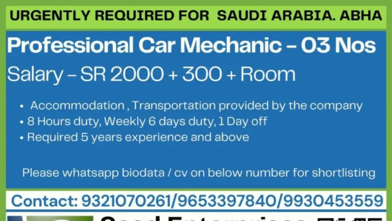 Urgently Hiring Professional Car Mechanics for Saudi Arabia – Attractive Salary and Benefits