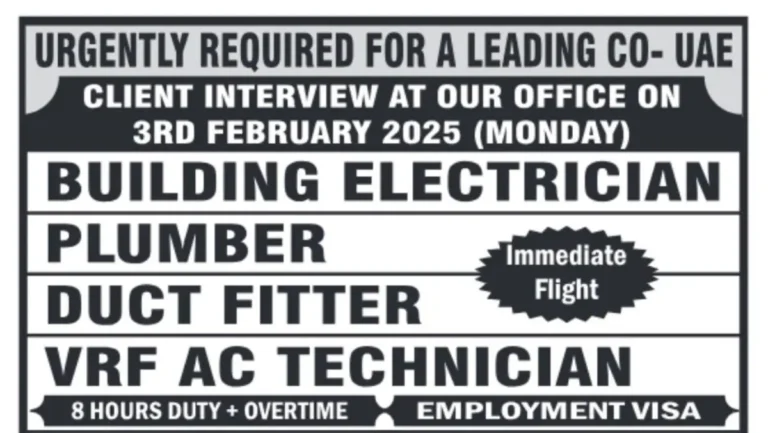 Urgently Hiring: Building Electrician, Plumber, Duct Fitter, and HVAC Technician in UAE – Apply Now!