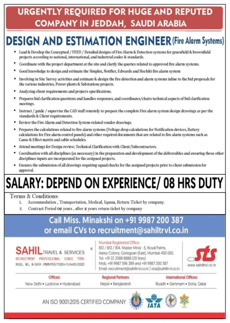 Design and Estimation Engineer (Fire Alarm Systems) – Jeddah, Saudi Arabia