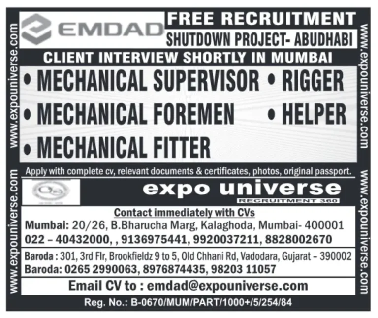 Mechanical Supervisors, Riggers, Fitters & Helpers – Free Recruitment