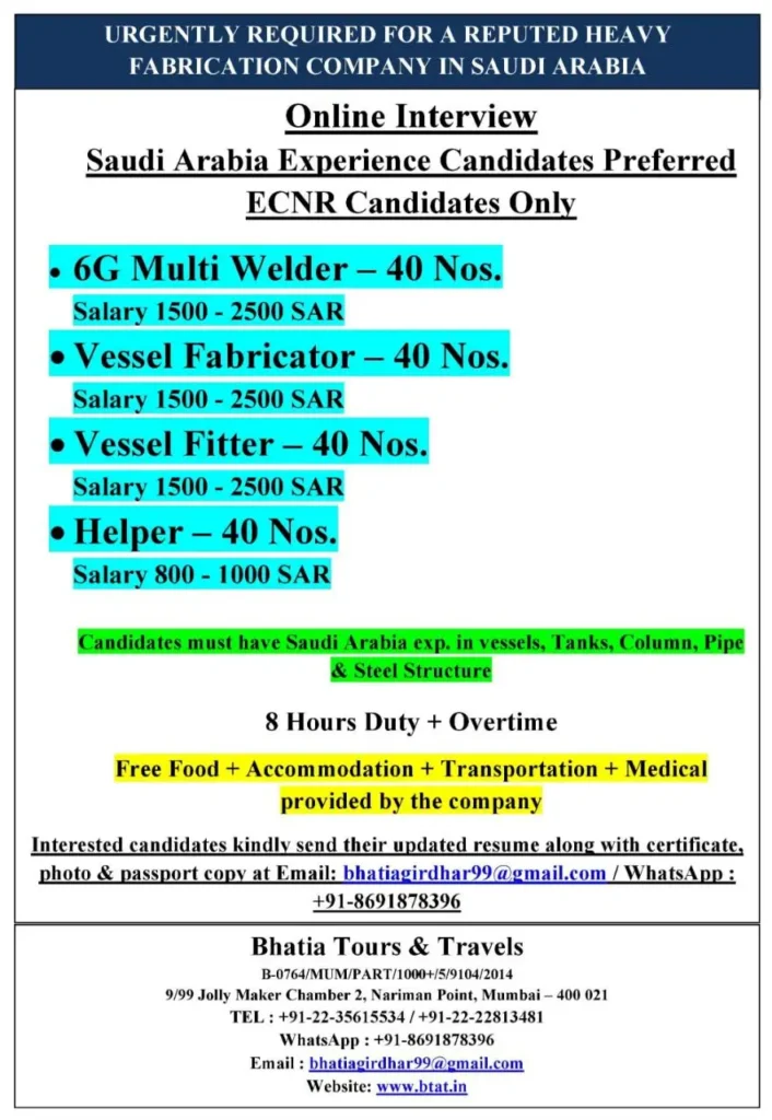 Urgent Job Openings in Saudi Arabia for Fabrication Experts