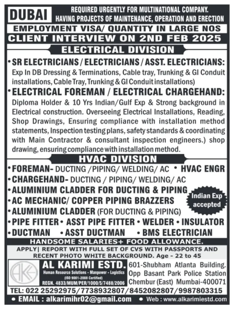 Urgent Job Openings in Dubai for Electrical and HVAC Professionals – Apply Now!