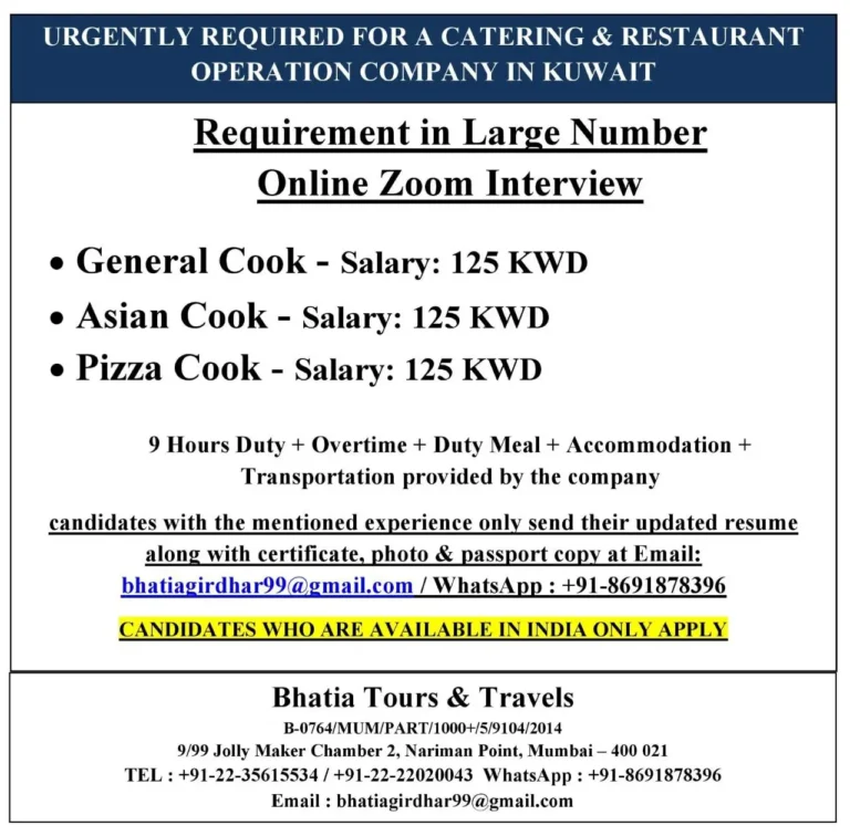 Urgently Required for a Catering & Restaurant Operation Company in Kuwait
