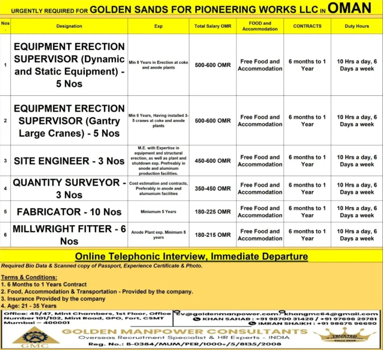 URGENT JOB OPENINGS FOR GOLDEN SANDS FOR PIONEERING WORKS LLC IN OMAN