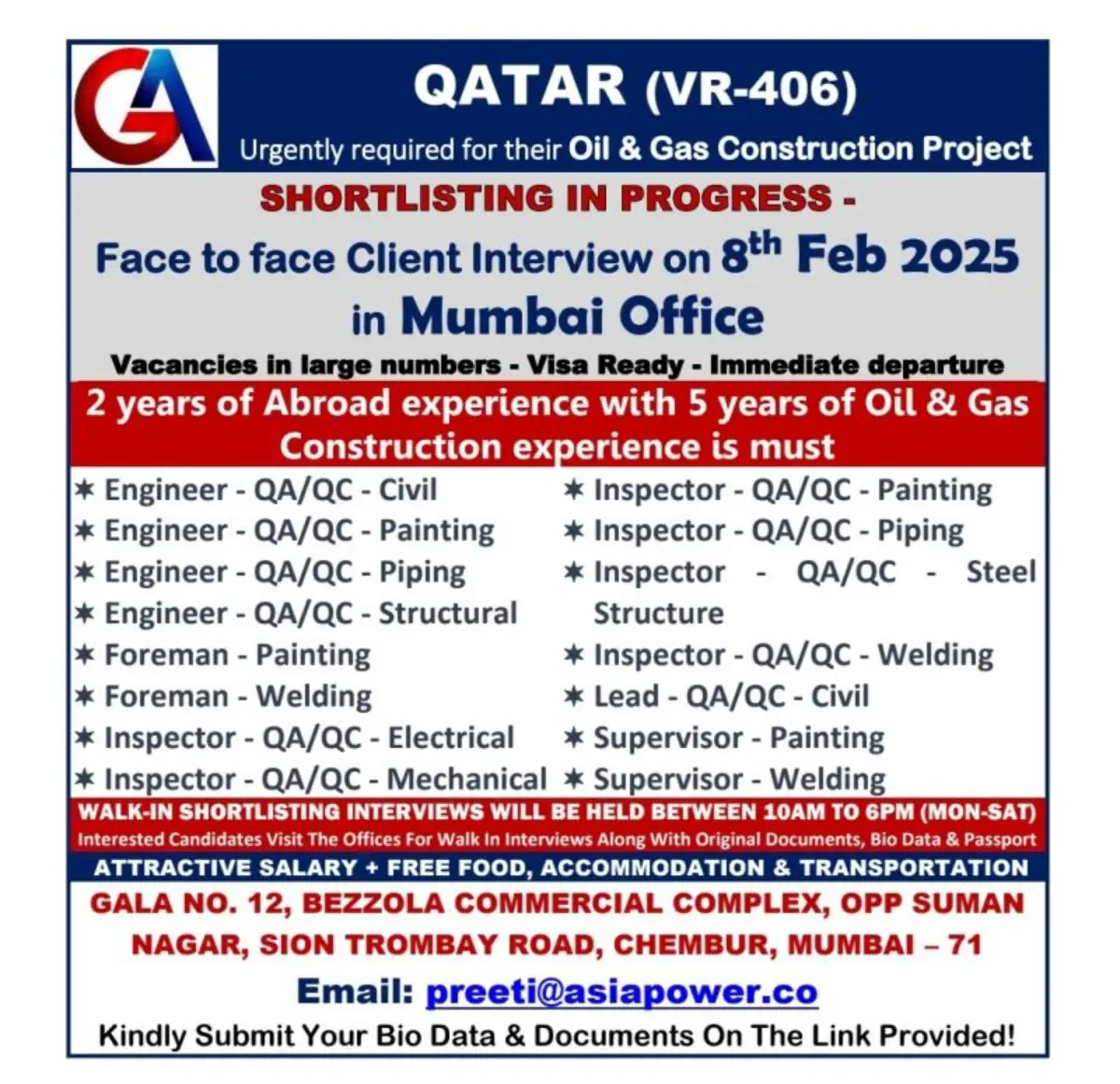 Urgent Hiring for Qatar (VR-406) Oil & Gas Construction Project