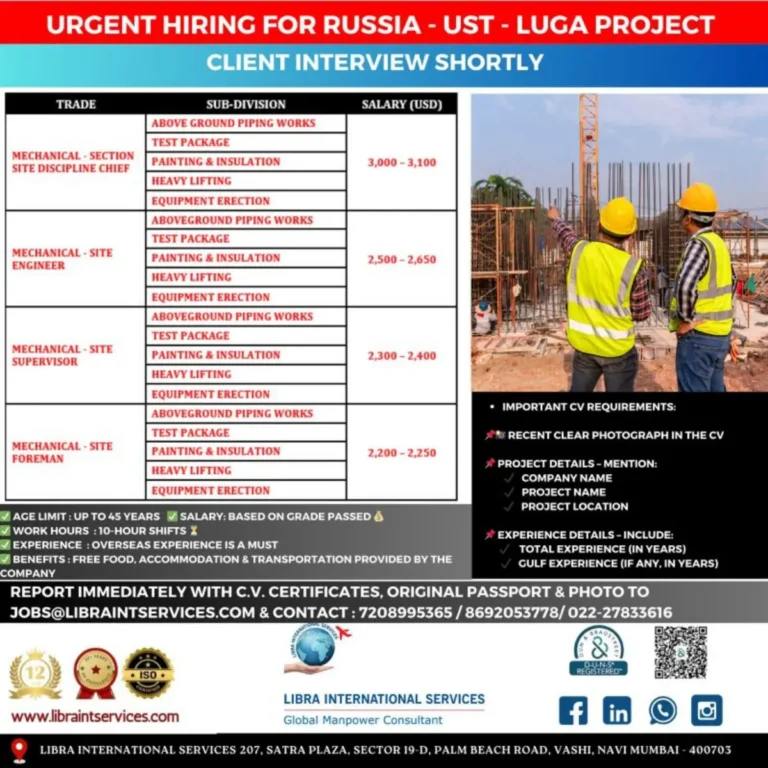 Urgent Hiring for Russia UST-Luga Project: Mechanical Site Jobs