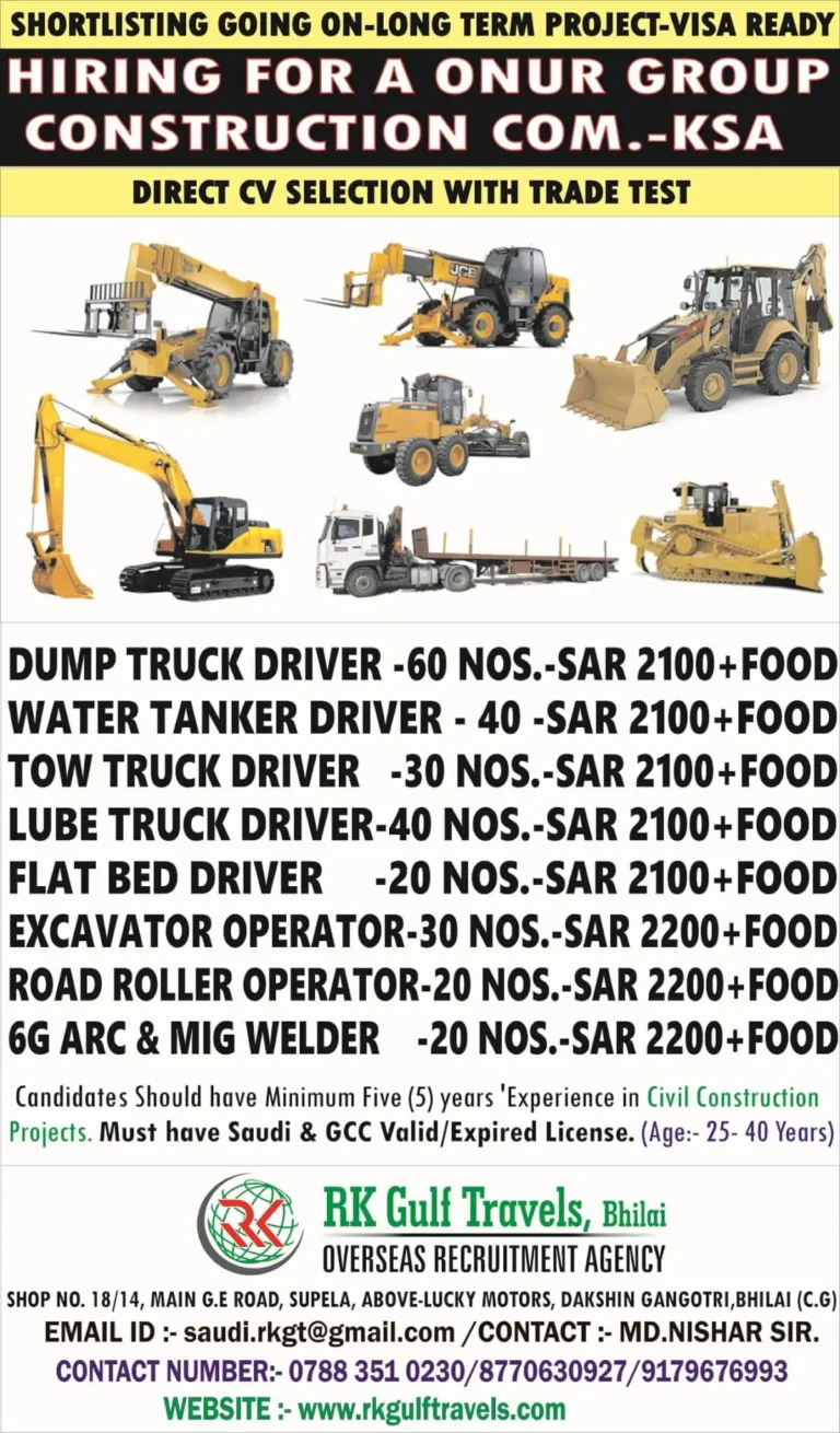 Visa-Ready Hiring Onur Group Construction KSA - Direct CV Selection