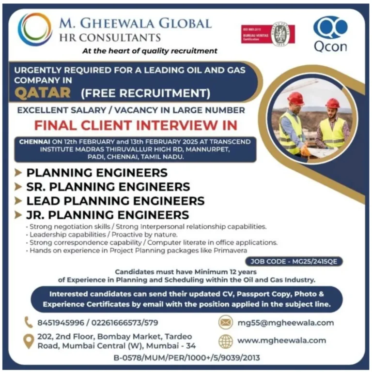 M. Gheewala Global HR Consultants: Urgent Recruitment for Leading Oil & Gas Company in Qatar