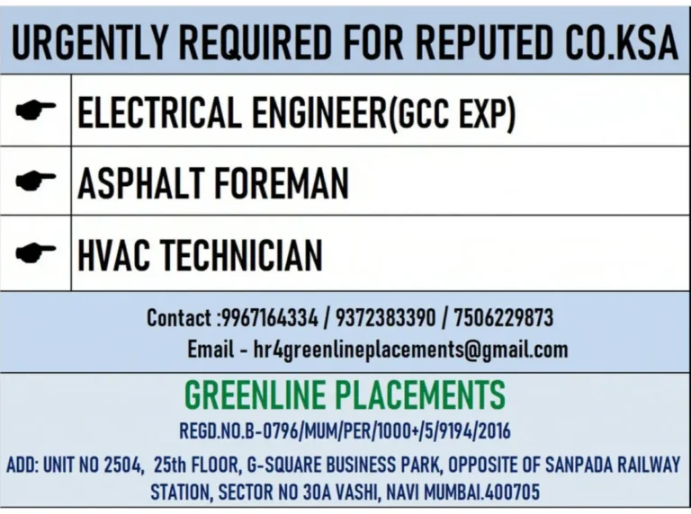 Urgent Hiring Electrical Engineer & HVAC Tech in KSA