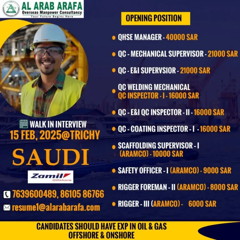Walk-In Interview on 15th Feb 2025 @ Trichy for Saudi Zamil Offshore