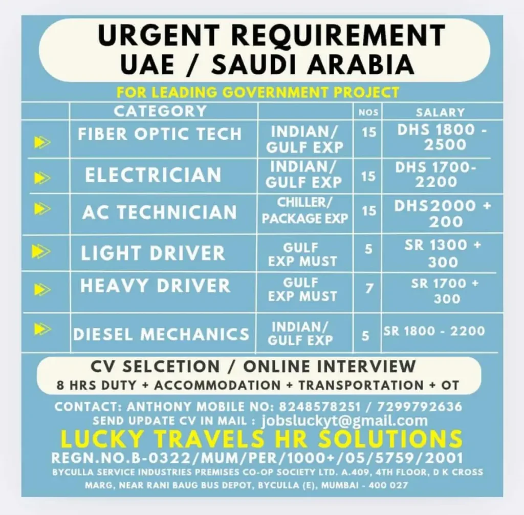 URGENT REQUIREMENT UAE / SAUDI ARABIA – GOVERNMENT PROJECT JOBS