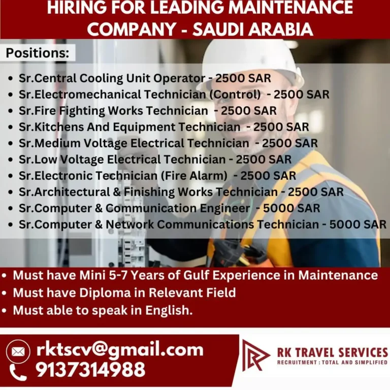 HIRING FOR LEADING MAINTENANCE COMPANY - SAUDI ARABIA