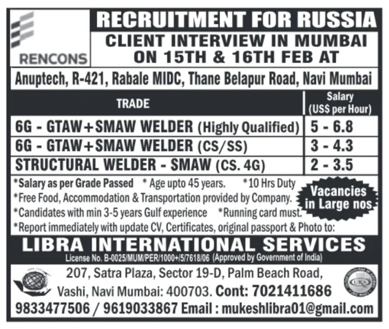 RENCONS Recruitment for Russia Client Interview in Mumbai on 15th & 16th February